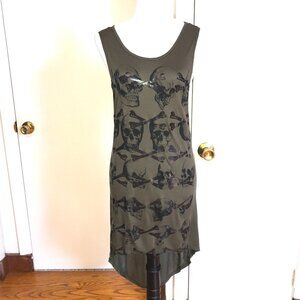 'Tomb Raider' Hi-Lo Goth Punk Steampunk Skull Crossbones Army Green Tunic Top S